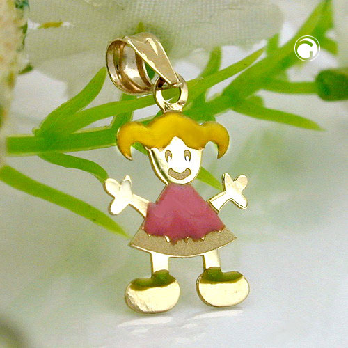 Pendant 14x10mm girl colored enameled 9Kt GOLD