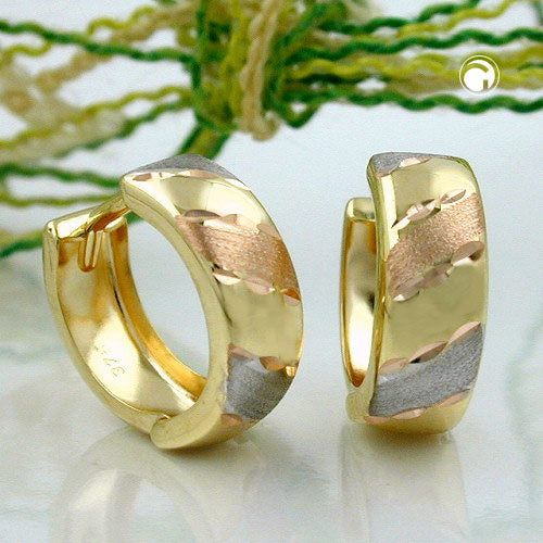 Creole 12x5mm folding hinge tricolor diamond-coated 9K GOLD