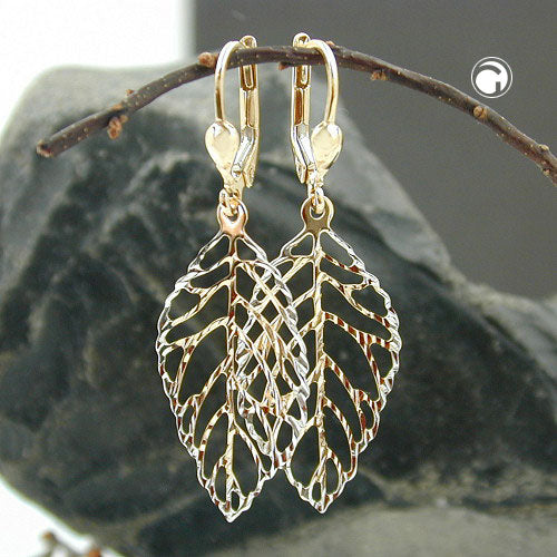 Leverback earring 45x16mm leaf openwork 9Kt GOLD