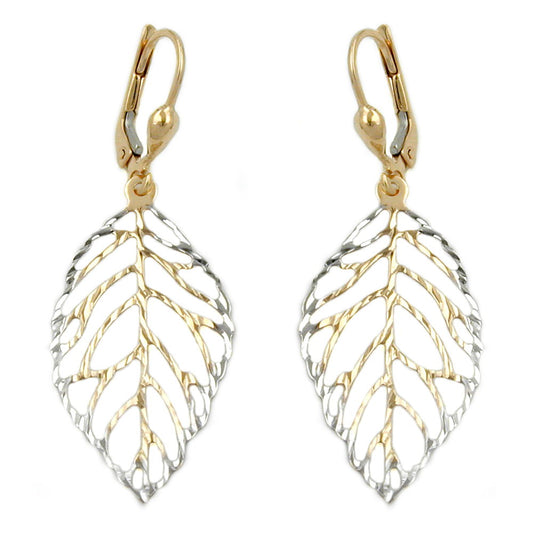 Leverback earring 45x16mm leaf openwork 9Kt GOLD