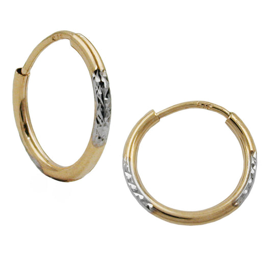 Hoop earrings 12x1mm bicolor rhodium-plated diamond-cut 9K GOLD