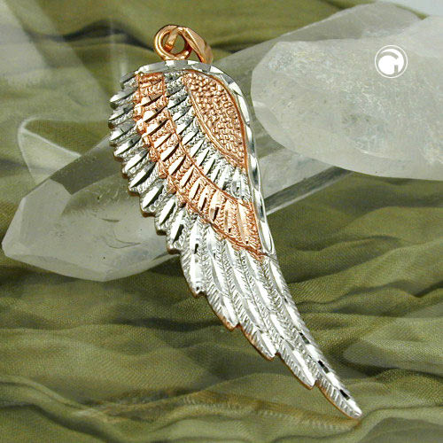 Pendant 36x13mm angel wing bicolor rhodium-plated 9Kt red gold