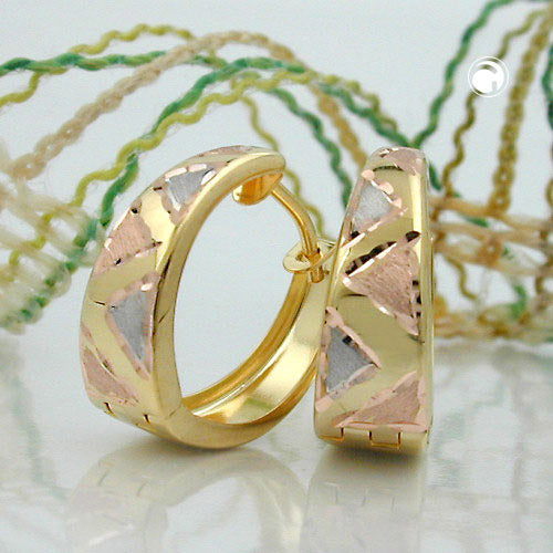 Hoop earring 14x13x5mm folding hinge tricolor diamond-cut 9Kt GOLD