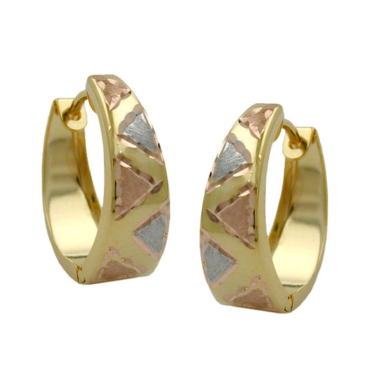 Hoop earring 14x13x5mm folding hinge tricolor diamond-cut 9Kt GOLD