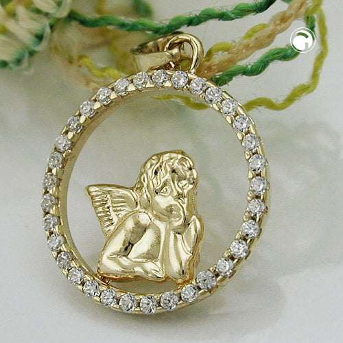 Pendant 14mm angel motif with zirconias 9Kt GOLD