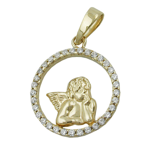 Pendant 14mm angel motif with zirconias 9Kt GOLD