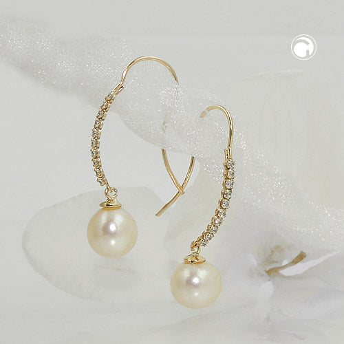 Ear hook earrings 27x7mm earrings with freshwater cultured pearl and zirconias 9Kt GOLD