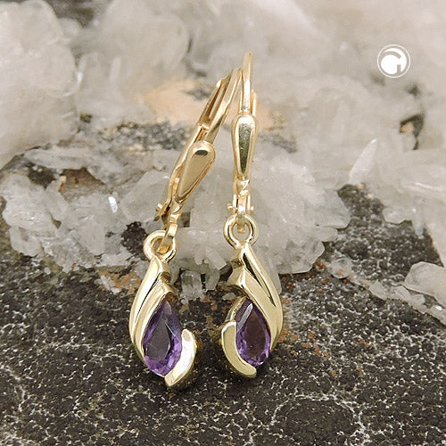 Ear leverback earrings earrings 25x5mm drops amethyst 9K GOLD