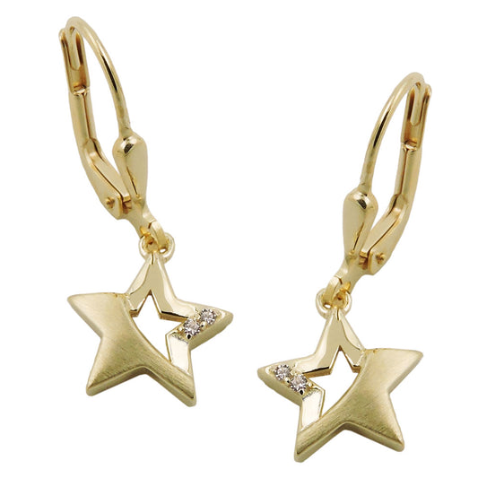 Ear clip earrings 25x10mm star partially matte with zirconias 9Kt GOLD