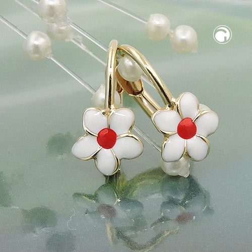 Ear clip earrings 13x7mm flower white-red enamelled 9Kt GOLD