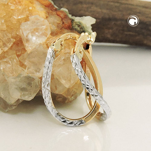 Hoop earring 17x12x1mm bicolor rhodium-plated diamond-cut 9Kt GOLD
