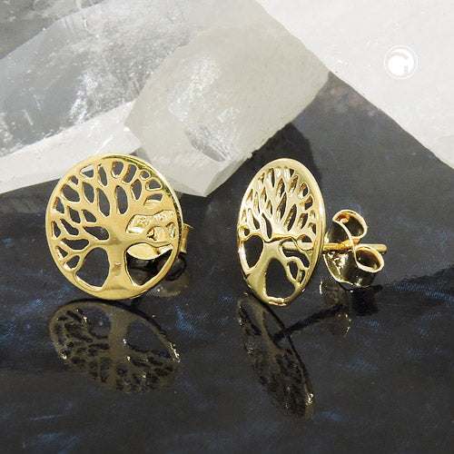 Stud earrings 10mm tree of life filigree shiny 9Kt GOLD