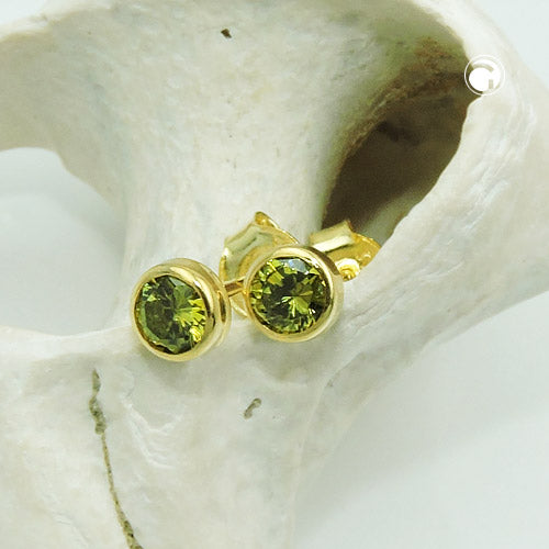 Stud earring 4.5mm zirconia olive green 9Kt GOLD