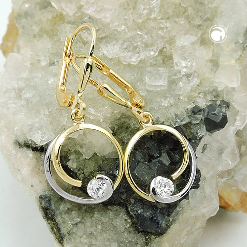 Leverback earring 28x11mm bicolor circle with zirconia 9Kt GOLD