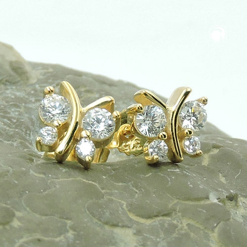 Stud earring 6x6mm butterfly with 4 zirconias 9Kt GOLD
