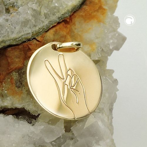 Pendant engraving plate 16mm with laser engraving Peace-Victory sign shiny 9Kt GOLD