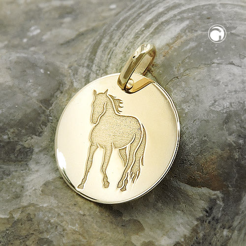 Pendant engraving plate 14mm with laser engraving horse shiny 9Kt GOLD