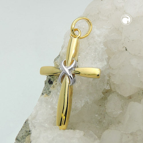 Pendant 20x14mm cross bicolor shiny 9Kt GOLD