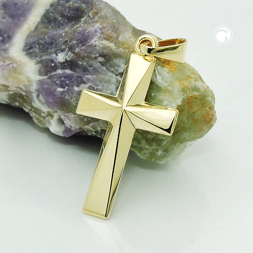 Pendant 21x13mm cross shiny center angular shaped 9Kt GOLD