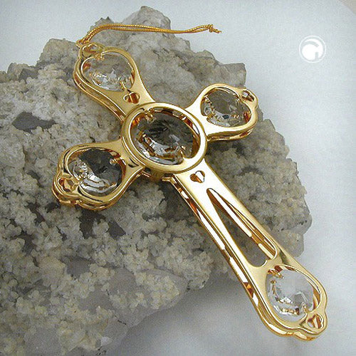 Hängedekoration „122×70×10 mm Kleeblatt-Kreuz mit Glas-Steinen“ – vergoldet & symbolstark