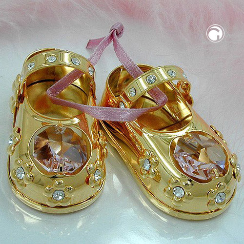 Tischdekoration Babyschuhe 52×27 mm mit rosa Glas-Steinen – vergoldet & filigran