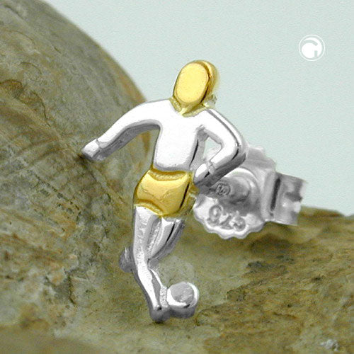 Stud earrings 10x7mm football player bicolor single stud earrings 1 piece silver 925