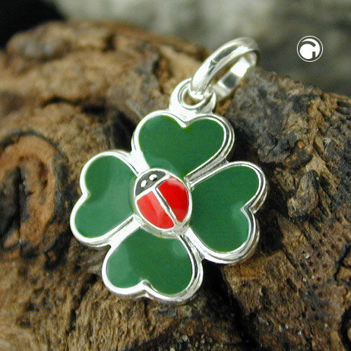 Pendant 12mm clover leaf with ladybug colored lacquered silver 925