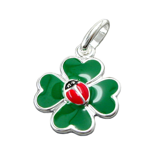Pendant 12mm clover leaf with ladybug colored lacquered silver 925