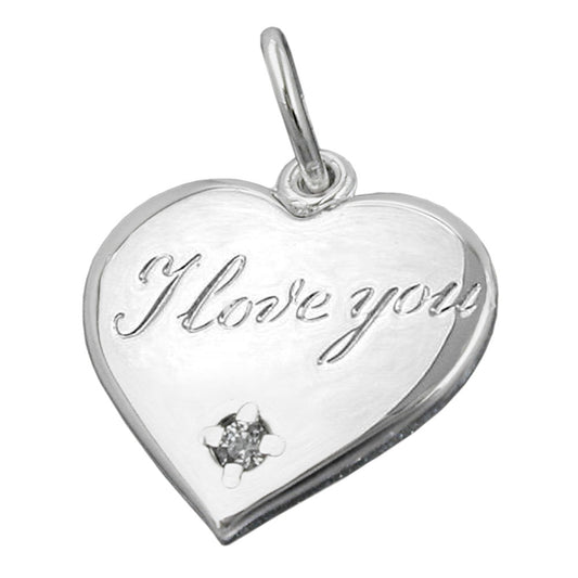 Pendant 16mm heart with lettering - I love you - and zirconia shiny silver 925