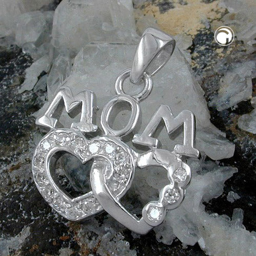 Pendant 19x17mm MOM with 2 hearts and many zirconias rhodium-plated silver 925