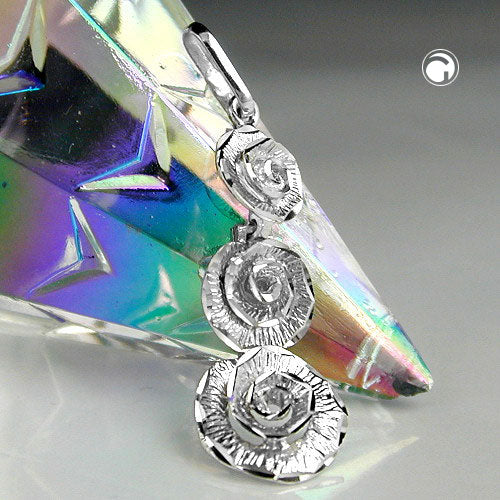Pendant 29x10mm 3 flowers shiny rhodium-plated silver 925