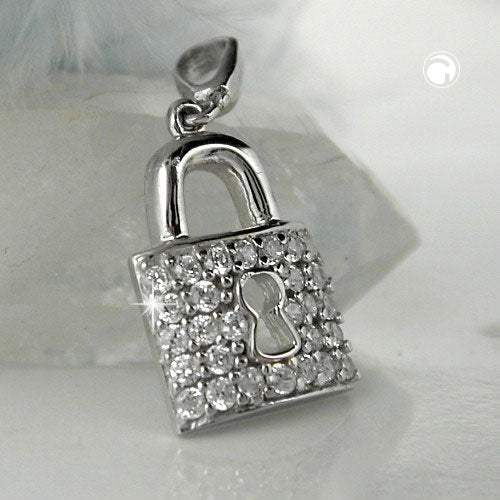 Pendant 13x10mm door lock with zirconias shiny rhodium-plated silver 925