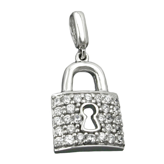 Pendant 13x10mm door lock with zirconias shiny rhodium-plated silver 925