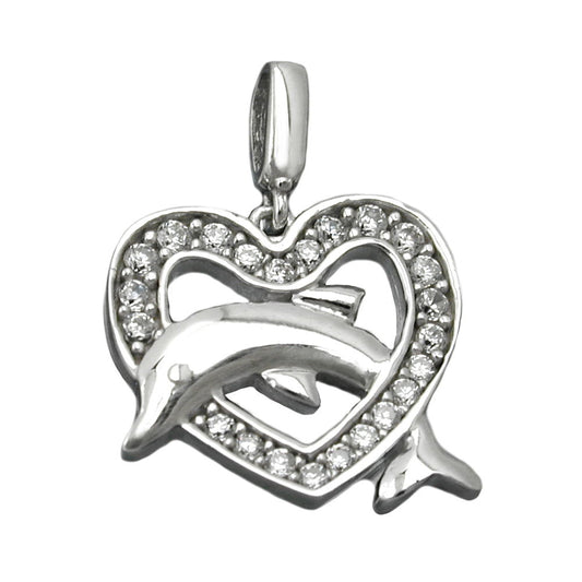 Pendant 14x15mm heart with dolphin rhodium-plated silver 925