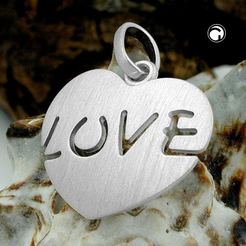 Pendant 18x20.5mm heart with inscription - LOVE - matted rhodium-plated silver 925