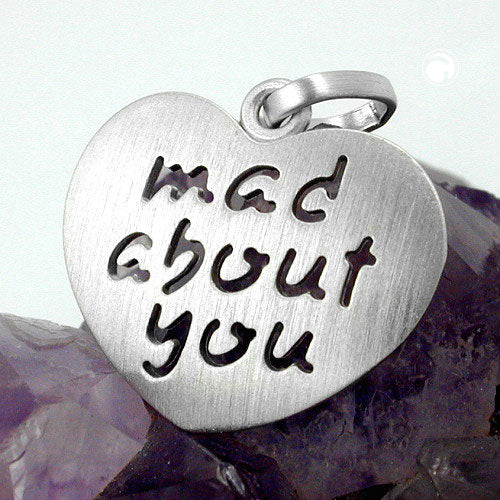 Pendant 19x21mm heart with inscription - mad about you - matted rhodium-plated silver 925