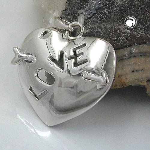 Pendant 21x21mm heart with arrow and inscription - LOVE - shiny rhodium-plated silver 925