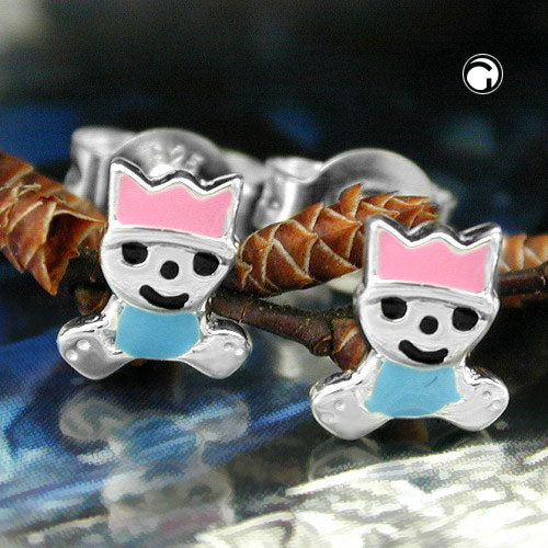 Stud earring 7x6mm little king pink-light blue lacquered silver 925