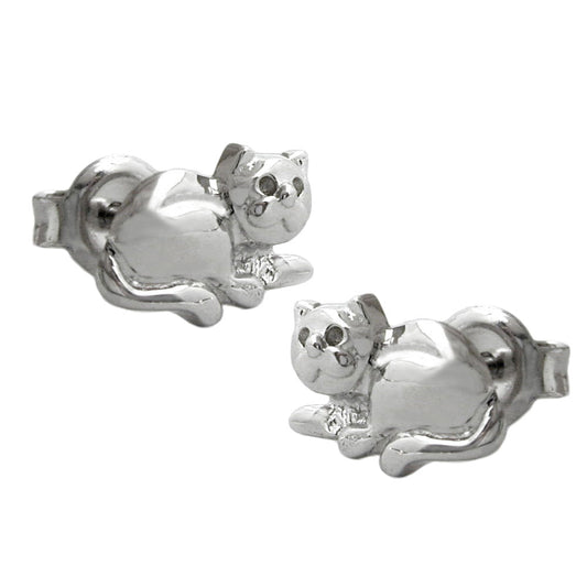Stud earring 7x10mm lying cat shiny rhodium-plated silver 925