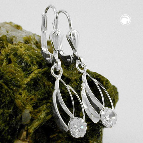 Ear leverback earrings 30x8mm with zirconia white shiny silver 925