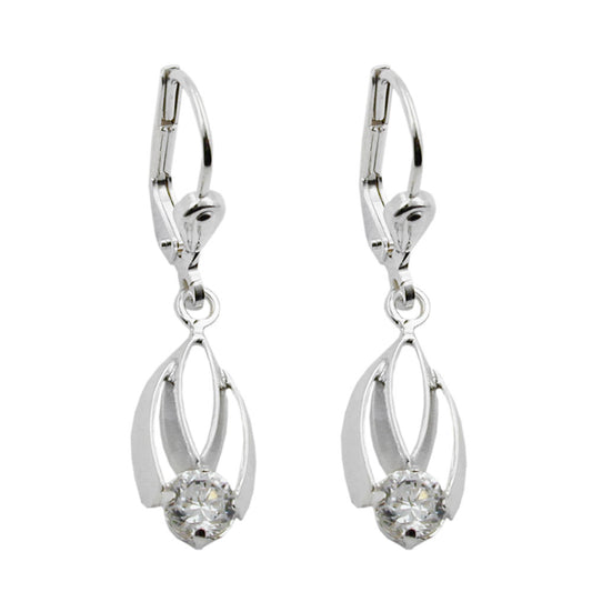 Ear leverback earrings 30x8mm with zirconia white shiny silver 925