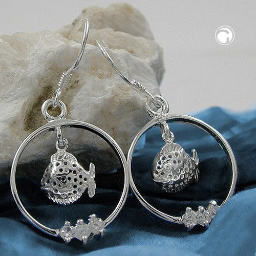 Ear hooks 37x18mm fish in a ring with zirconias shiny rhodium-plated silver 925