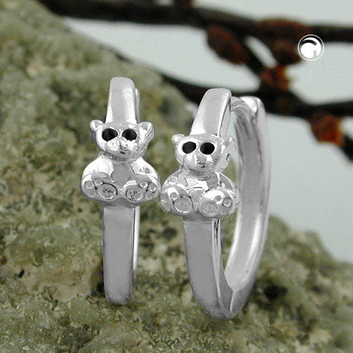 Hoop earrings 13x4mm with hinged small bear, shiny black lacquered, silver 925