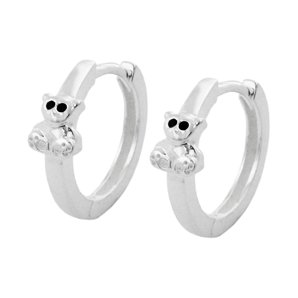 Hoop earrings 13x4mm with hinged small bear, shiny black lacquered, silver 925