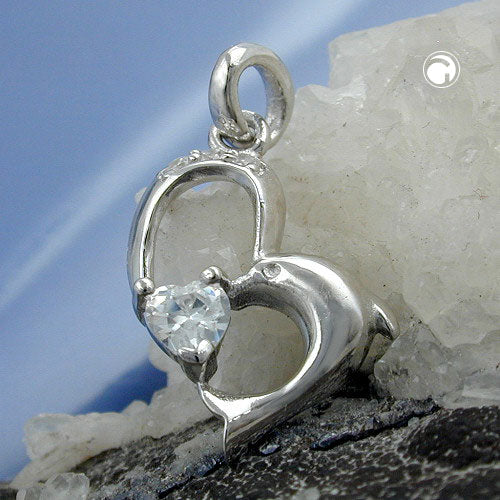 Pendant 16x14mm heart with dolphin and zirconias shiny silver 925