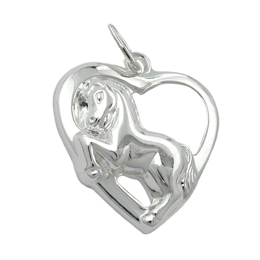 Pendant 14x13mm heart with horse shiny silver 925