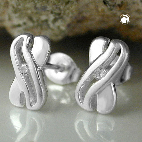 Stud earrings 10x6mm X-shape with zirconia shiny silver 925