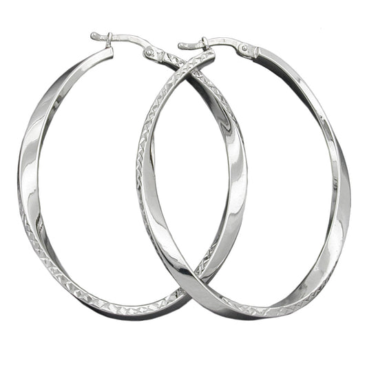 Hoop 45x35mm oval diamond-cut wire hoop with clip closure silver 925