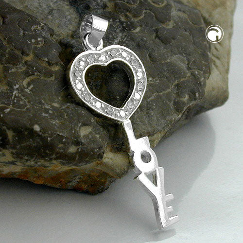 Pendant 28x12mm key LOVE with zirconias shiny silver 925