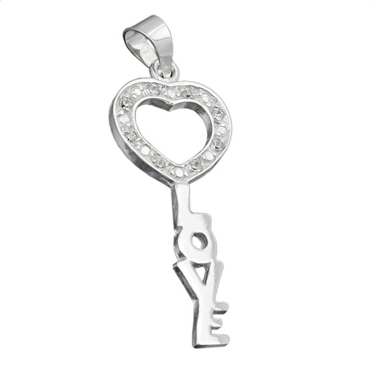 Pendant 28x12mm key LOVE with zirconias shiny silver 925